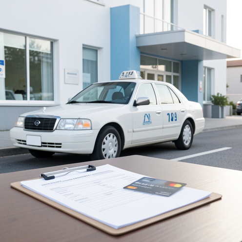Taxi accessible stationné devant une clinique, avec un formulaire vierge et une carte de paiement posés sur un porte-documents au premier plan.