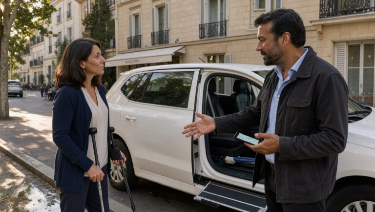 Une femme avec une aide à la mobilité est accueillie par un chauffeur devant un taxi accessible dans une rue parisienne.