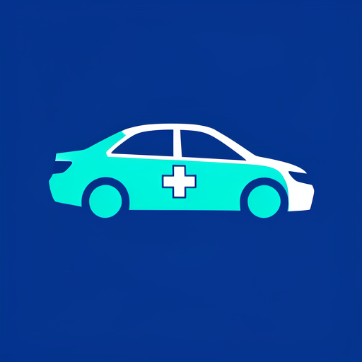 Emblème minimaliste représentant une voiture, une croix médicale et un itinéraire de mobilité sur fond bleu uni.
