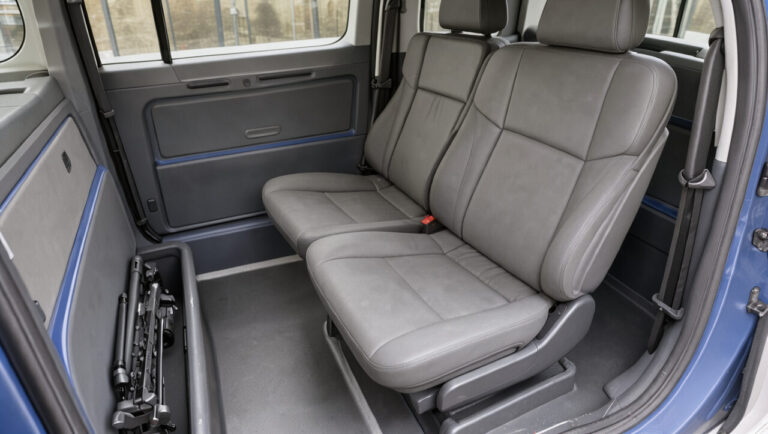 Intérieur propre et aménagé d’un taxi adapté au transport médical assis, avec siège ergonomique, espace pour les jambes, poignées de maintien et zone réservée à une aide à la mobilité.