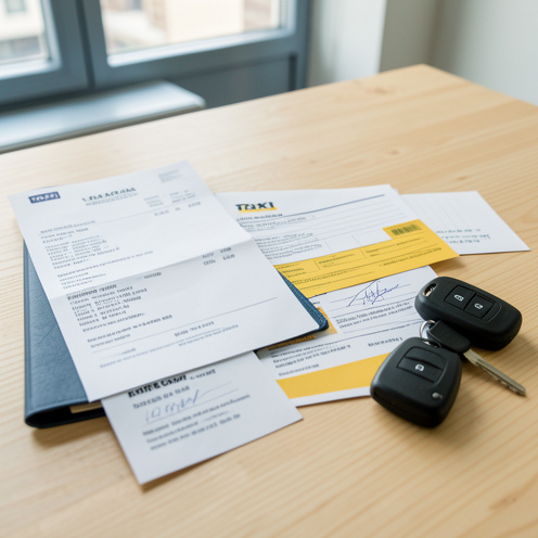 Reçu de taxi, dossier de transport médical et justificatifs administratifs soigneusement disposés sur un bureau à côté de clés de taxi.