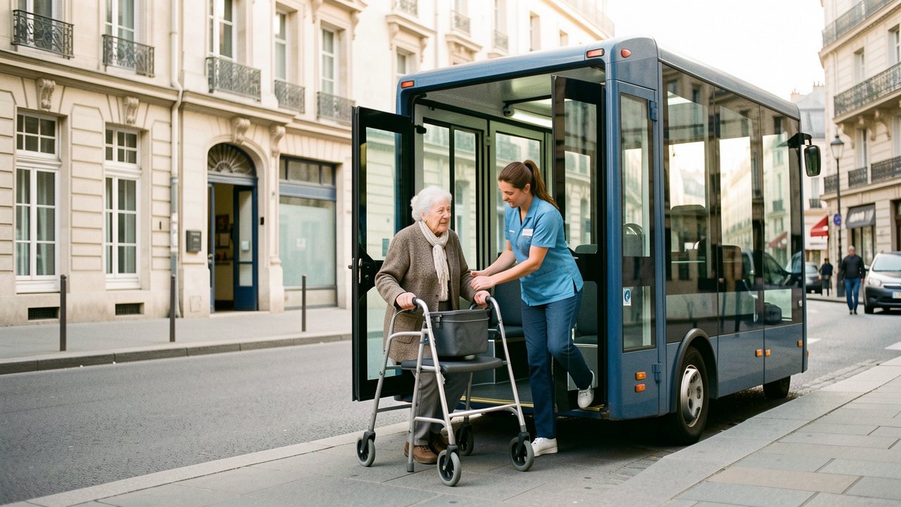 Une femme âgée avec un déambulateur monte dans une navette électrique accessible avec l’aide d’une coordinatrice, dans une rue parisienne proche d’un établissement de santé.