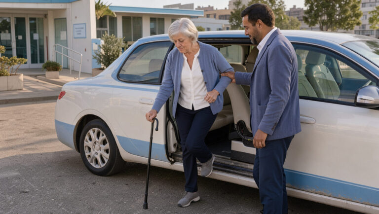 Une femme âgée munie d’une canne monte dans un taxi de transport médical avec l’aide d’un chauffeur devant une clinique.