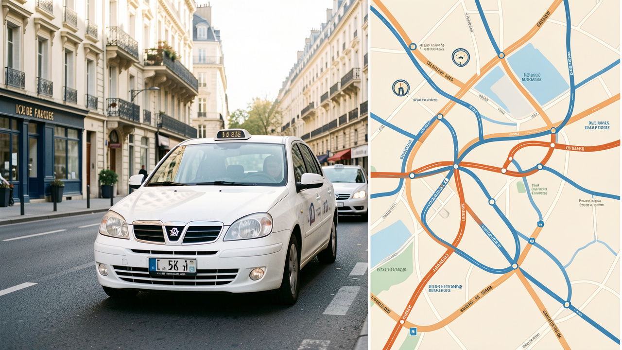 Taxi blanc circulant dans une rue d’Île-de-France à côté d’une représentation visuelle de différents itinéraires et des tarifs de course.