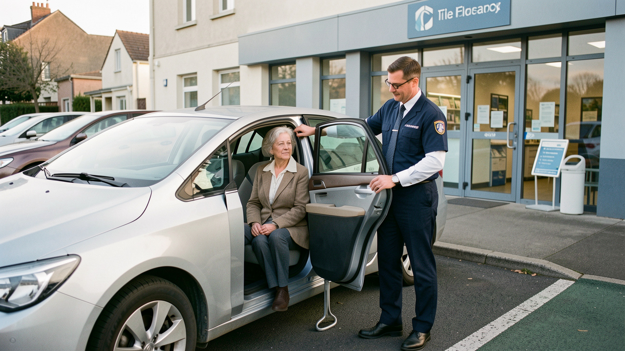 Une femme assise entre dans un taxi adapté devant une clinique, avec l’aide d’un chauffeur professionnel.