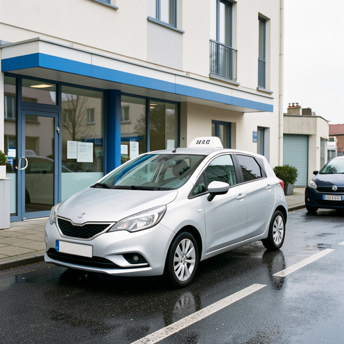 Voiture compacte argentée de transport médical devant une clinique contemporaine en Île-de-France.