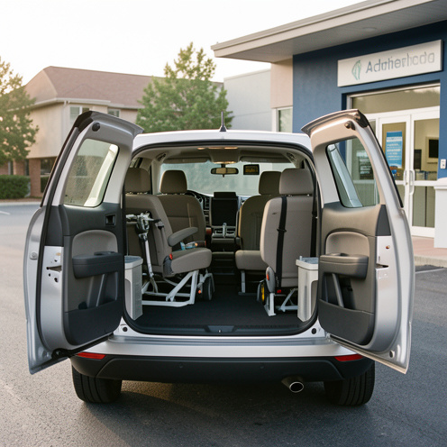 SUV moderne et spacieux aménagé pour le transport médical assis, stationné devant une clinique avec un intérieur confortable et accessible.