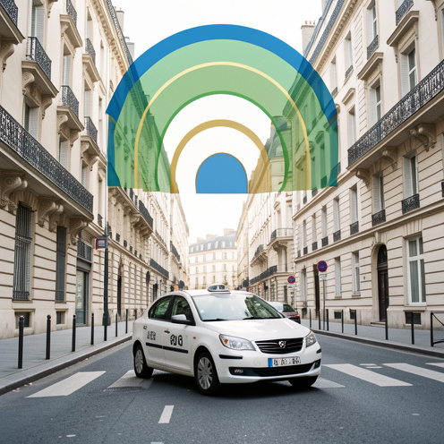 Taxi parisien stationné dans une rue bordée d’immeubles haussmanniens, avec trois zones urbaines concentriques colorées illustrant la réglementation tarifaire.