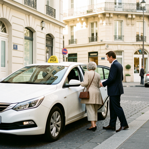 Taxi berline moderne devant une clinique en Île-de-France, avec une femme âgée se préparant à monter et un chauffeur ouvrant la portière arrière.