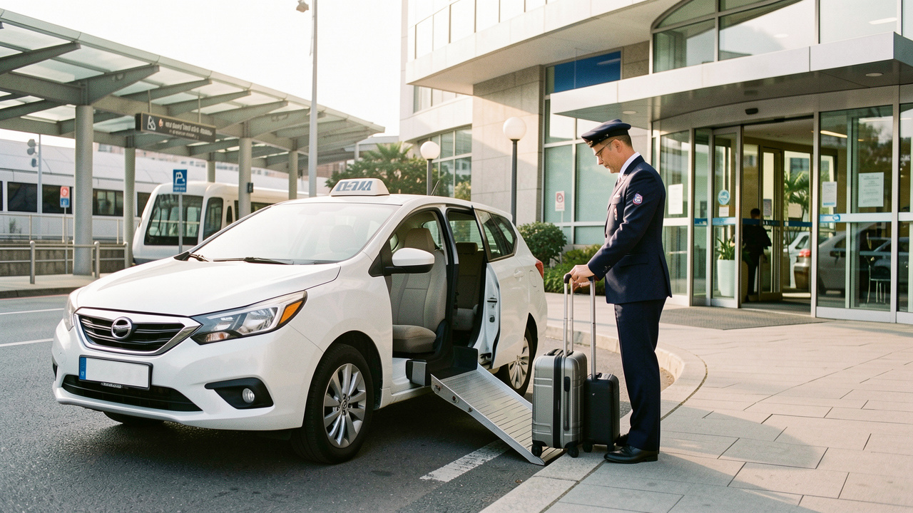 Taxi accessible stationné près d’une gare, d’un aéroport et d’un hébergement adapté, avec un chauffeur préparant sereinement le trajet.