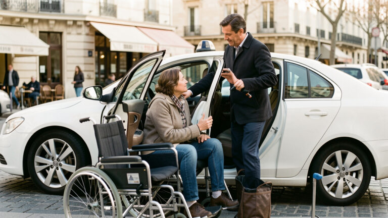 Un chauffeur de taxi aide une femme adulte à monter dans une voiture confortable pour un transport médical assis, avec un fauteuil roulant plié à proximité dans une rue parisienne.