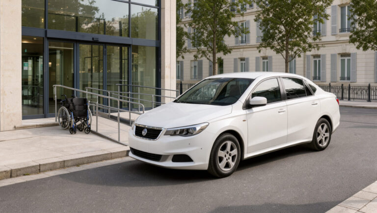 Taxi conventionné blanc devant une clinique de Versailles avec un accès adapté aux patients à mobilité réduite.