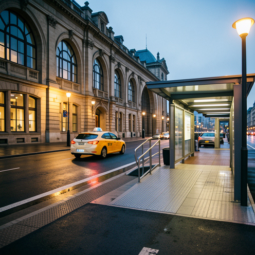 Taxi moderne en attente dans une zone de prise en charge accessible devant une grande gare historique, avec rampe pour fauteuil roulant et bandes podotactiles.