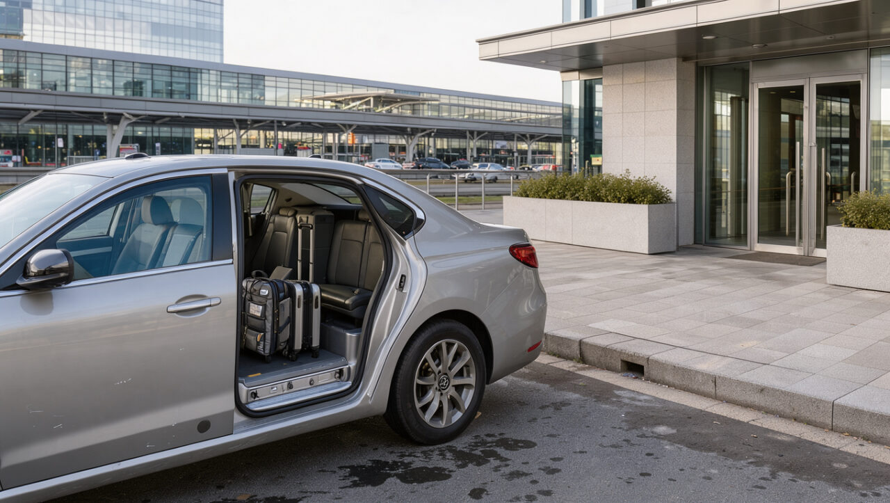 Taxi accessible stationné devant un hôtel proche d’une gare et d’un aéroport, avec une rampe pour fauteuil roulant et des bagages de séjour médical.