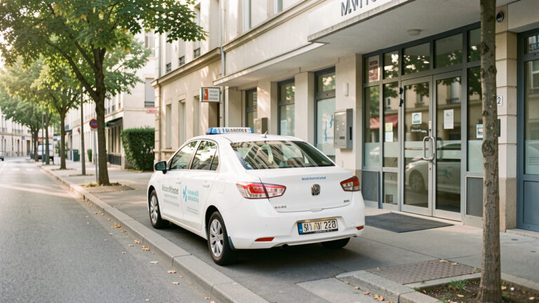 Taxi de transport médical assis stationné devant un établissement de santé dans une rue urbaine et arborée de Seine-Saint-Denis.