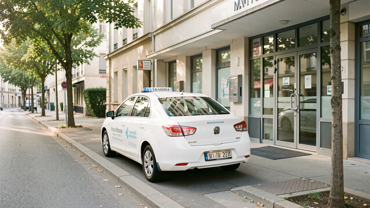 Taxi de transport médical assis stationné devant un établissement de santé dans une rue urbaine et arborée de Seine-Saint-Denis.