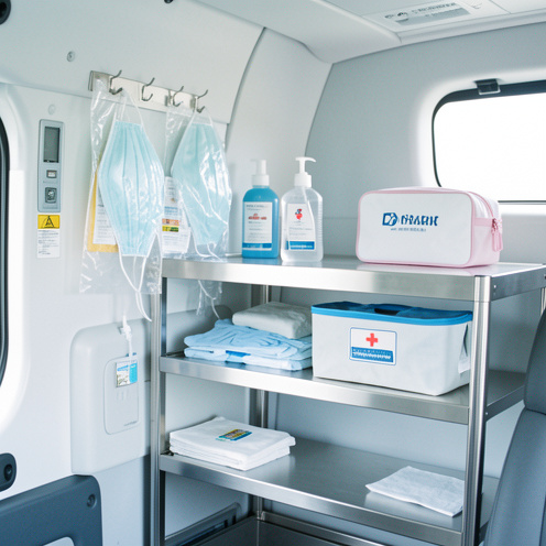 Intérieur propre d’un véhicule de transport médical avec masques, gants, gel désinfectant, lingettes et trousse de premiers secours soigneusement disposés.