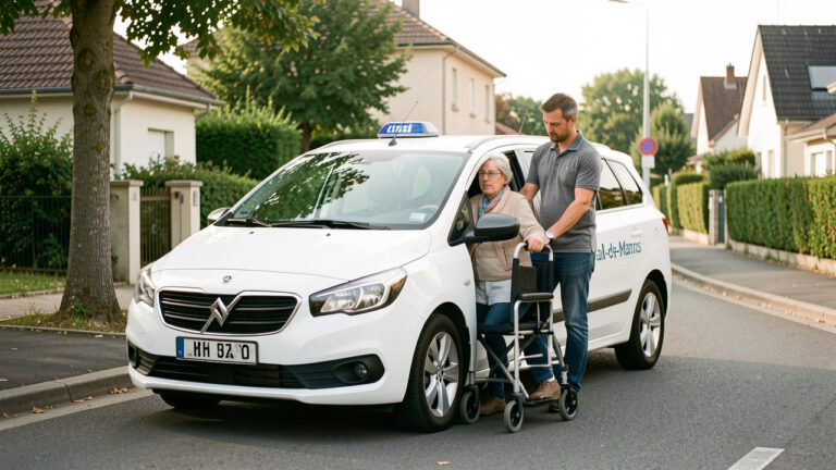 Un taxi médical blanc prend en charge une femme adulte avec une aide à la mobilité dans une rue calme du Val-de-Marne.