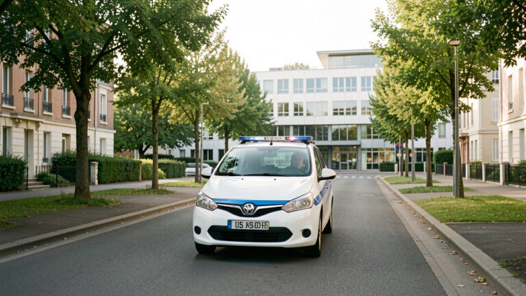 Taxi médicalisé circulant dans une rue arborée d’Île-de-France en direction d’un hôpital moderne.