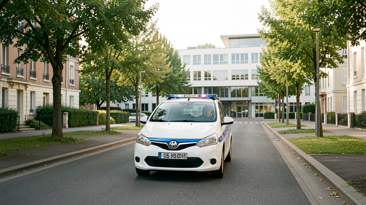 Taxi médicalisé circulant dans une rue arborée d’Île-de-France en direction d’un hôpital moderne.