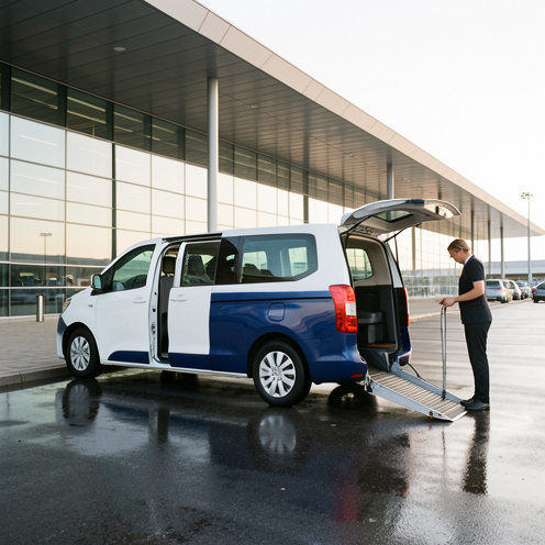 Taxi adapté aux personnes à mobilité réduite stationné devant un terminal d’aéroport, avec sa rampe d’accès déployée.
