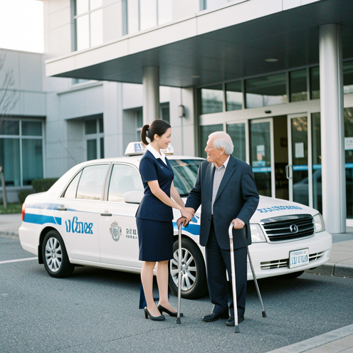 Un taxi de transport médical arrive devant l’entrée d’un hôpital moderne tandis qu’une conductrice aide un homme âgé muni d’une canne.