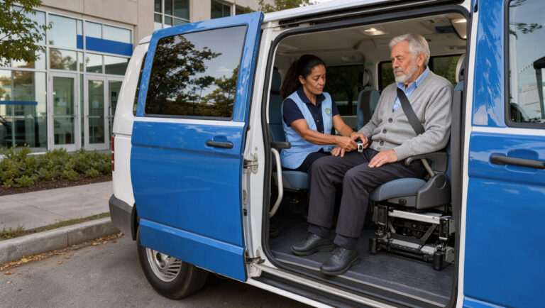 Un véhicule de transport médical adapté stationné devant une clinique, avec un homme âgé confortablement assis à l’arrière et une conductrice qui l’accompagne.
