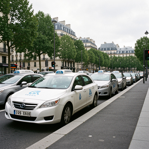 Rangée de taxis conventionnés blancs et argentés stationnés dans une rue urbaine arborée d’Île-de-France.