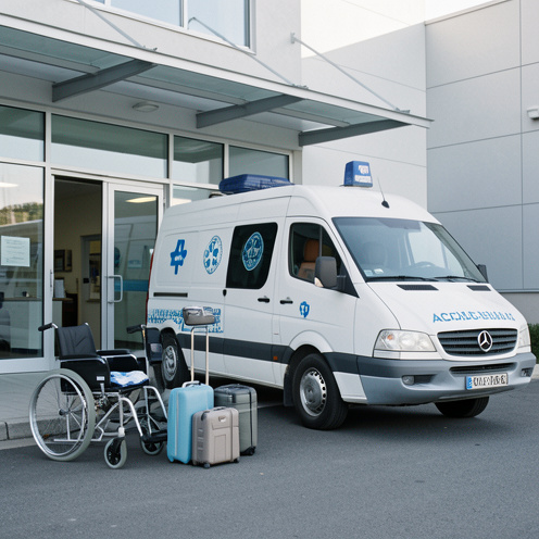 Véhicule de transport médical accessible arrivant devant une clinique moderne, avec un fauteuil roulant plié et du matériel de déplacement soigneusement rangé.