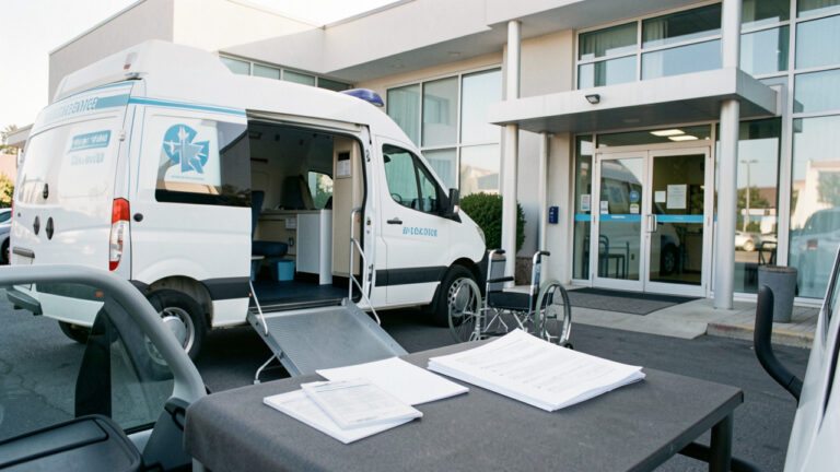 Véhicule de transport médical stationné devant l’entrée d’une clinique moderne, avec une rampe d’accès pour fauteuil roulant.