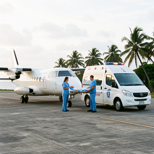 Un avion de transport médical blanc stationné près d’une ambulance sur une piste d’île tropicale, avec deux professionnels de santé organisant un transfert sécurisé.