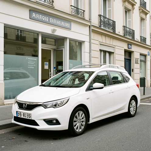 Berline compacte blanche adaptée au transport médical conventionné, stationnée devant une clinique en Île-de-France.