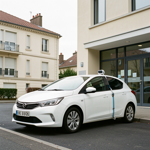 Berline compacte aménagée pour le transport médical assis, stationnée devant une clinique contemporaine en Île-de-France.