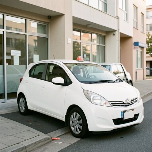 Voiture compacte blanche utilisée pour des trajets médicaux, stationnée devant une clinique moderne.