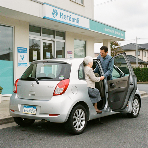 Voiture compacte confortable devant une clinique, avec un conducteur aidant une femme âgée à monter à bord pour un transport médical.